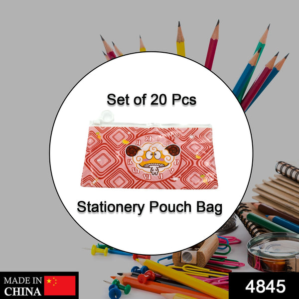 Red printed pouches for organizing and carrying school supplies