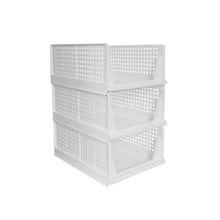 Stackable 3-layer closet organizer for efficient clothing storage.