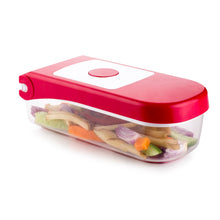 Plastic chopper by Ganesh, red, for vegetables and fruits, various perspectives.