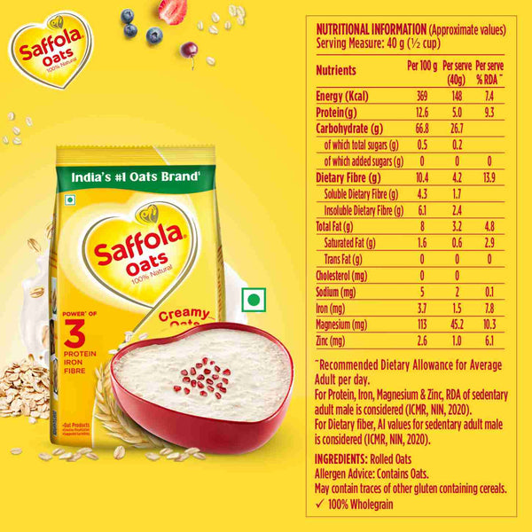 Saffola Rolled Oats, Delicious Creamy Oats, High Protein & Fibre, Healthy Cereal Pouch  (1 kg)