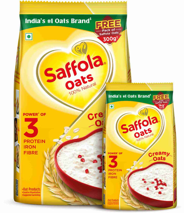 Saffola Rolled Oats,Creamy 100% Natural, High Protein & Fibre, Healthy Cereal, Pouch  (300g SAFFOLA OATS Free)  (1 kg)