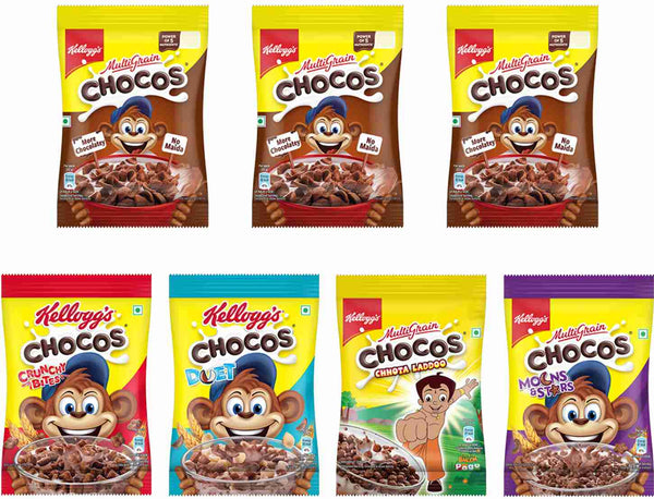 Kellogg's Chocos Variety Pack Multigrain | Power of 5 Nutrients | Kids Breakfast cereal Pouch  (7 x 21.86 g)